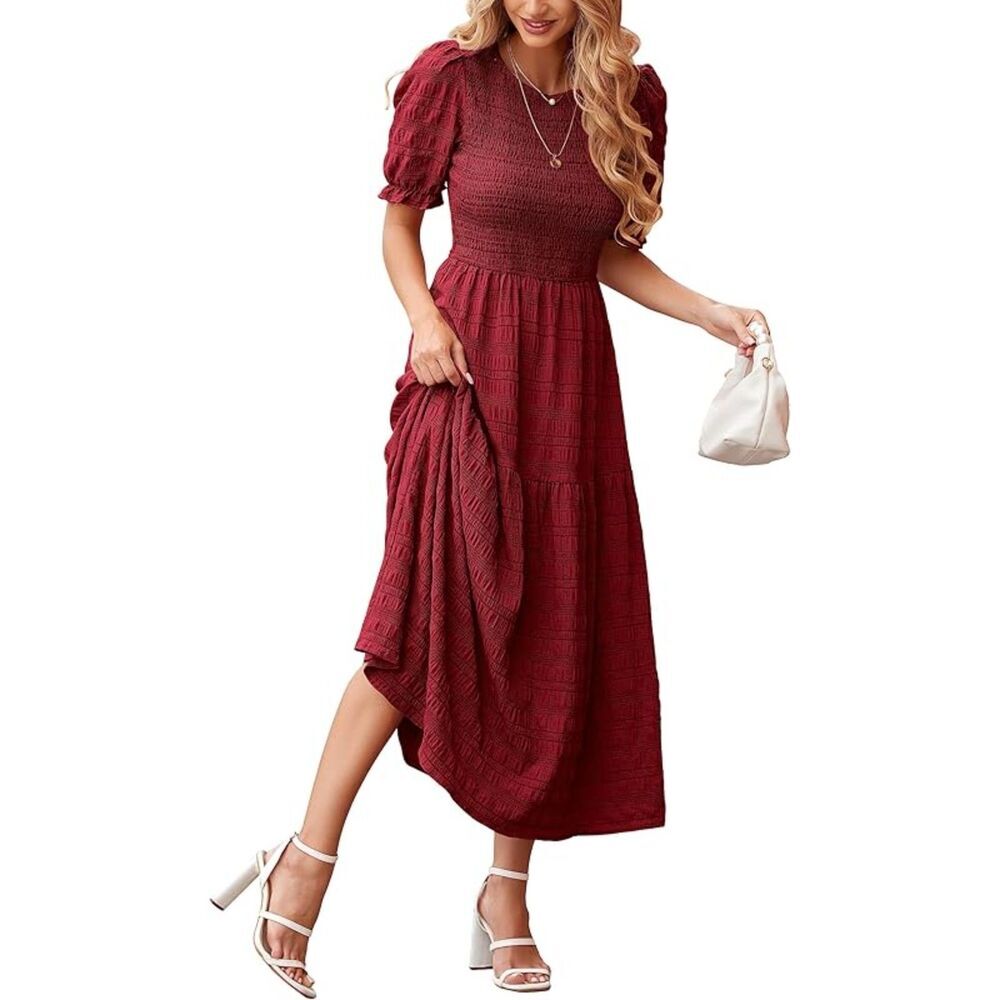 Women's Wine Red Polyester Crew Neck Short Sleeve A Line Casual Midi Dress